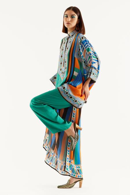 Shop_Rajdeep Ranawat_Green Silk Geometric Band Collar Chanel Printed Tunic_Online_at_Aza_Fashions