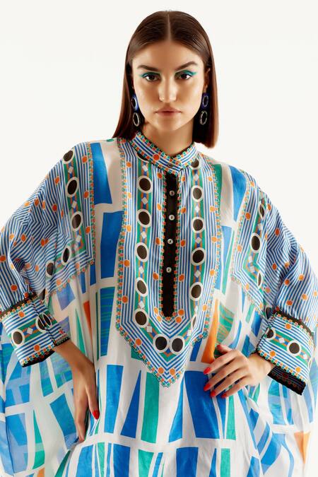Shop_Rajdeep Ranawat_Multi Color Silk Geometric Band Collar Chanel Printed Tunic_Online_at_Aza_Fashions