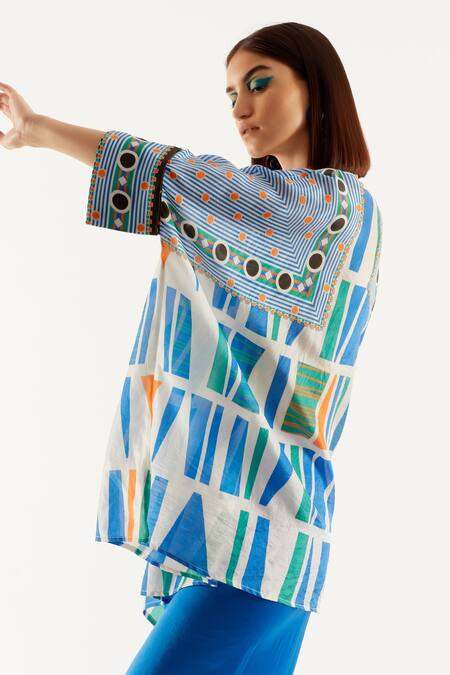 Rajdeep Ranawat_Multi Color Silk Geometric Band Collar Chanel Printed Tunic_at_Aza_Fashions