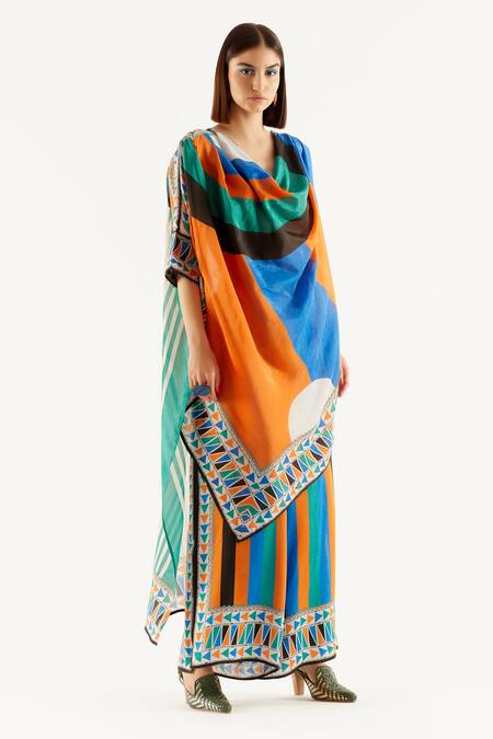Rajdeep Ranawat_Multi Color Silk, Satin Geometric Cowl Neck Montijo Kaftan Tunic And Pant Set_Online_at_Aza_Fashions