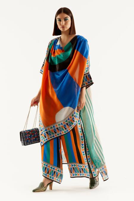 Buy_Rajdeep Ranawat_Multi Color Silk, Satin Geometric Cowl Neck Montijo Kaftan Tunic And Pant Set_Online_at_Aza_Fashions