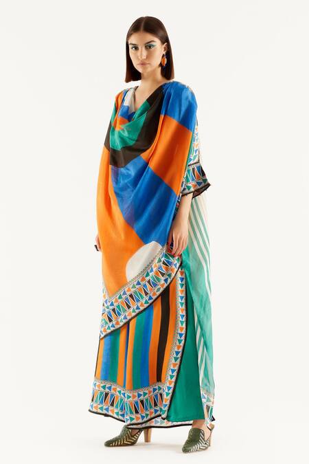 Shop_Rajdeep Ranawat_Multi Color Silk, Satin Geometric Cowl Neck Montijo Kaftan Tunic And Pant Set_Online_at_Aza_Fashions