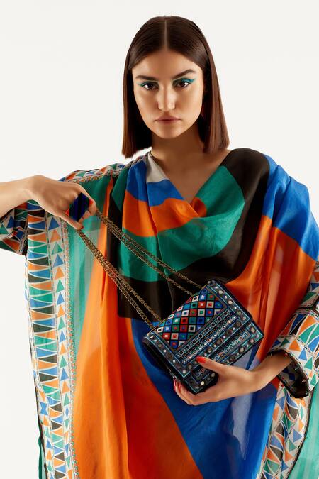 Rajdeep Ranawat_Multi Color Silk, Satin Geometric Cowl Neck Montijo Kaftan Tunic And Pant Set_at_Aza_Fashions