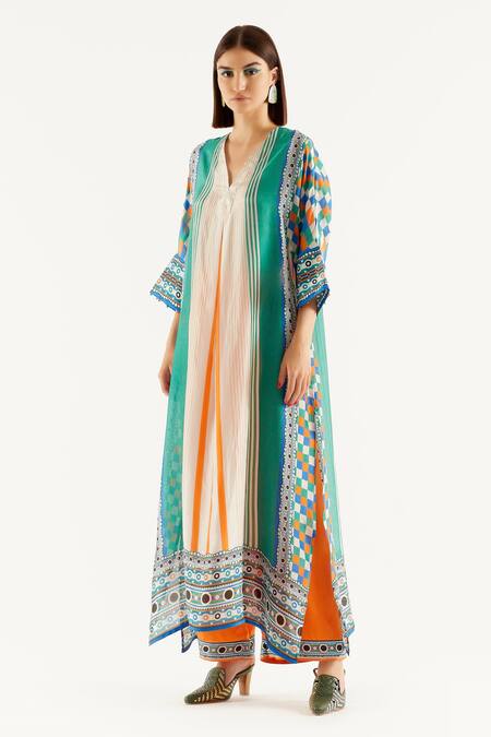 Shop_Rajdeep Ranawat_Multi Color Silk, Satin Geometric V Banera Printed Kimono Tunic And Palazzo Set_Online_at_Aza_Fashions