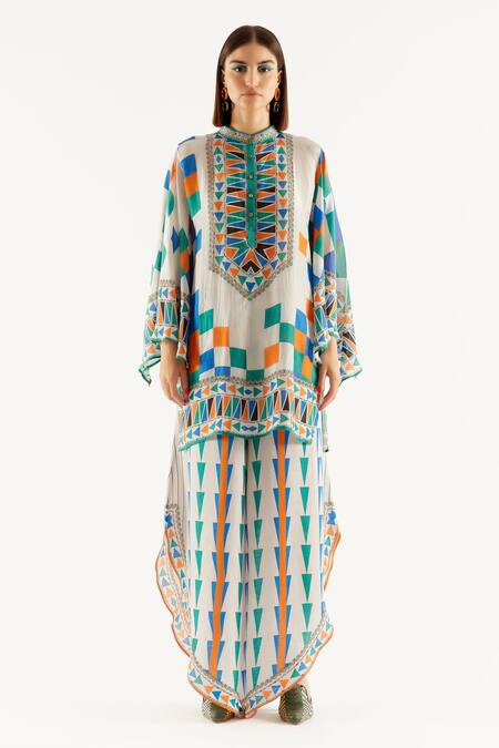 Shop_Rajdeep Ranawat_Grey Silk Geometric Band Collar Nylla Tunic_Online_at_Aza_Fashions