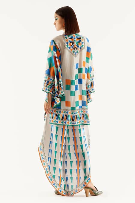 Shop_Rajdeep Ranawat_Grey Silk, Satin Geometric Band Collar Nylla Tunic And Flared Pant Set _at_Aza_Fashions