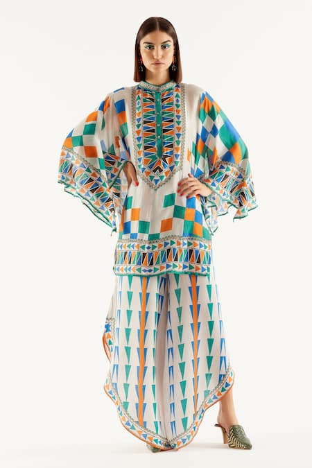 Buy_Rajdeep Ranawat_Grey Silk, Satin Geometric Band Collar Nylla Tunic And Flared Pant Set _Online_at_Aza_Fashions