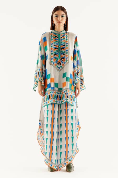 Shop_Rajdeep Ranawat_Grey Silk, Satin Geometric Band Collar Nylla Tunic And Flared Pant Set _Online_at_Aza_Fashions