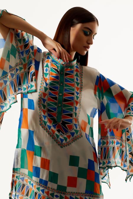 Rajdeep Ranawat_Grey Silk, Satin Geometric Band Collar Nylla Tunic And Flared Pant Set _at_Aza_Fashions