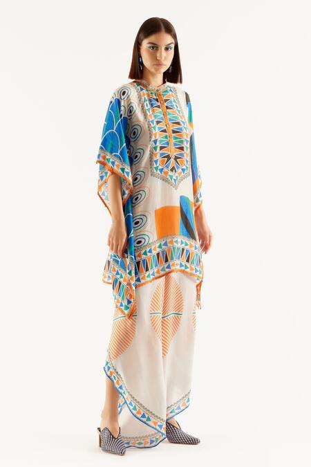 Rajdeep Ranawat_Grey Satin Geometric Print Valaria Flared Pant_Online_at_Aza_Fashions