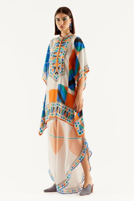 Shop_Rajdeep Ranawat_Grey Satin Geometric Print Valaria Flared Pant_Online_at_Aza_Fashions