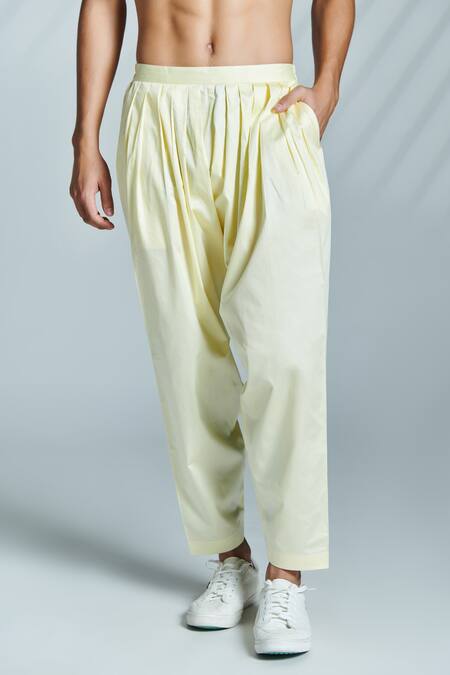 Shop_S&N by Shantnu Nikhil_Yellow Cotton Pleated Draped Pant _at_Aza_Fashions