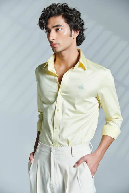 Shop_S&N By Shantnu Nikhil_Yellow Cotton Slim Fit Shirt_Online_at_Aza_Fashions