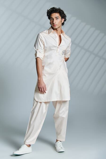 S&N By Shantnu Nikhil_Pink Cotton Crest Embroidered Kurta_Online_at_Aza_Fashions