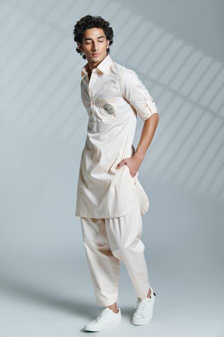Buy_S&N By Shantnu Nikhil_Pink Cotton Crest Embroidered Kurta_Online_at_Aza_Fashions