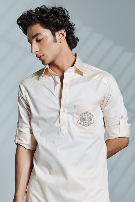 Shop_S&N By Shantnu Nikhil_Pink Cotton Crest Embroidered Kurta_Online_at_Aza_Fashions