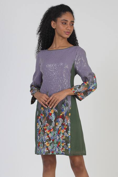 Buy Geisha Designs Purple Viscose Cacti Garden Sequin Shift Dress Online at Aza Fashions Buy_Geisha Designs_Purple Viscose Cacti Garden Sequin Shift Dress_Online_at_Aza_Fashions