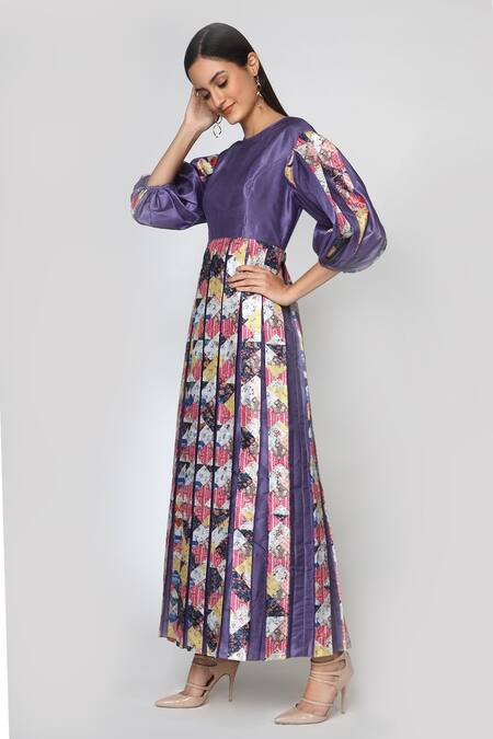 Geisha Designs_Purple Poly Dupion Rochella Striped Dress_Online_at_Aza_Fashions