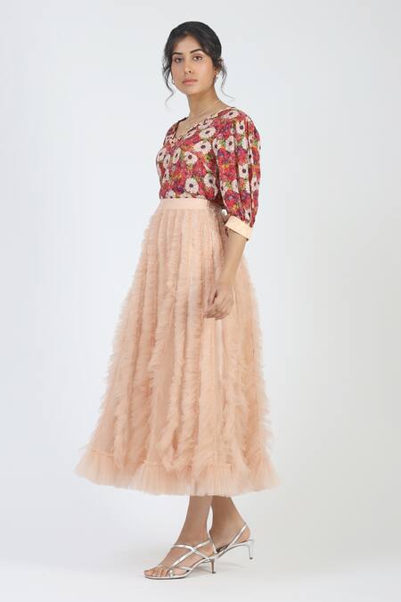 Geisha Designs_Peach Polyester Ruffle Midi Skirt_Online_at_Aza_Fashions