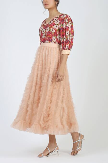 Buy_Geisha Designs_Peach Polyester Ruffle Midi Skirt_Online_at_Aza_Fashions
