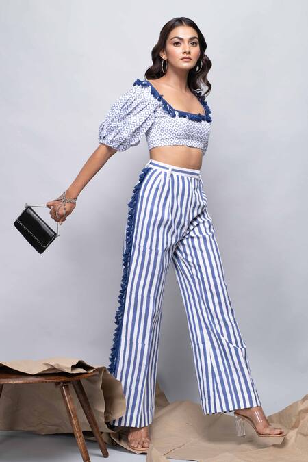 Kalakaari By Sagarika_White Cotton, Chiffon Geometric Motifs Square Neck Print Pant Set _Online_at_Aza_Fashions