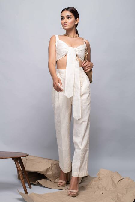 Buy_Kalakaari By Sagarika_White Silk, Cotton Luxe Striped Sweetheart Neck Knotted Crop Top And Pant Set _Online_at_Aza_Fashions