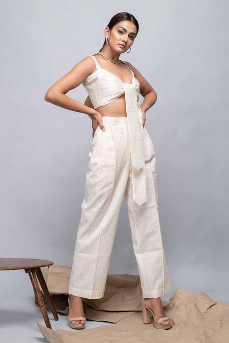 Shop_Kalakaari By Sagarika_White Silk, Cotton Luxe Striped Sweetheart Neck Knotted Crop Top And Pant Set _Online_at_Aza_Fashions