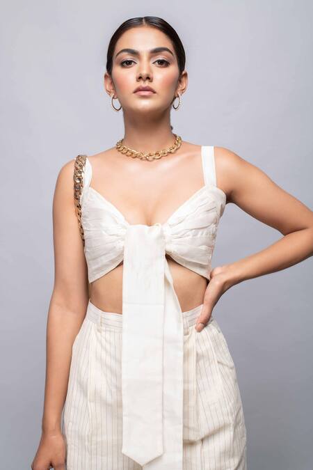 Kalakaari By Sagarika_White Silk, Cotton Luxe Striped Sweetheart Neck Knotted Crop Top And Pant Set _at_Aza_Fashions