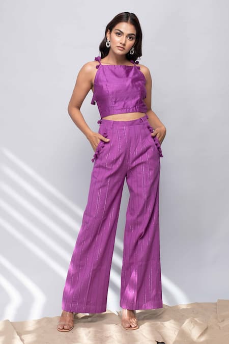 Kalakaari By Sagarika Purple Silk Embellished Tassel Square Neck Shirt And Pant Set 