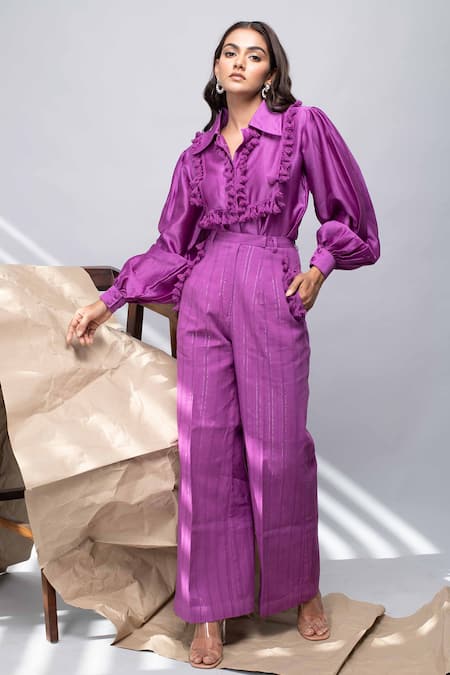 Kalakaari By Sagarika Purple Silk Embellished Tassel Pointed Collar Top And Pant Set