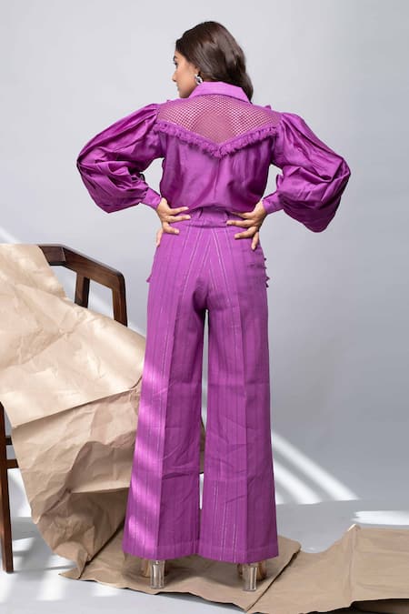 Shop_Kalakaari By Sagarika_Purple Silk, Cotton Tassel Pointed Collar Embellished Top And Pant Set _at_Aza_Fashions