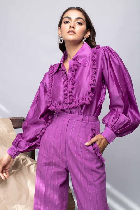 Buy_Kalakaari By Sagarika_Purple Silk, Cotton Tassel Pointed Collar Embellished Top And Pant Set _Online_at_Aza_Fashions