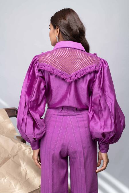 Shop_Kalakaari By Sagarika_Purple Silk, Cotton Tassel Pointed Collar Embellished Top And Pant Set _Online_at_Aza_Fashions