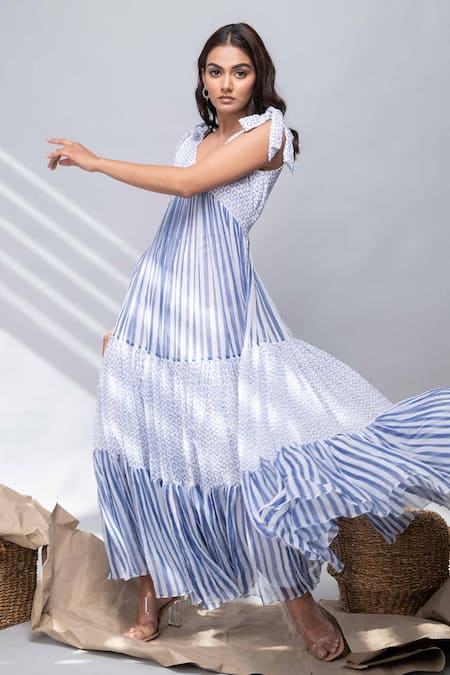 Shop_Kalakaari By Sagarika_White Chiffon Geometric Print Tiered Dress_Online_at_Aza_Fashions
