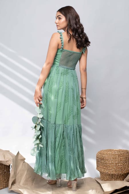 Shop_Kalakaari By Sagarika_Green Chiffon Leaf Motifs Square Neck Print Tiered Dress _at_Aza_Fashions