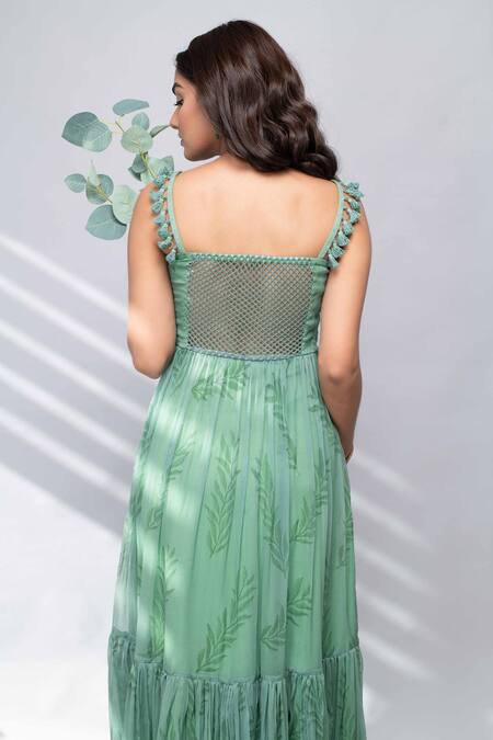 Kalakaari By Sagarika_Green Chiffon Leaf Motifs Square Neck Print Tiered Dress _at_Aza_Fashions