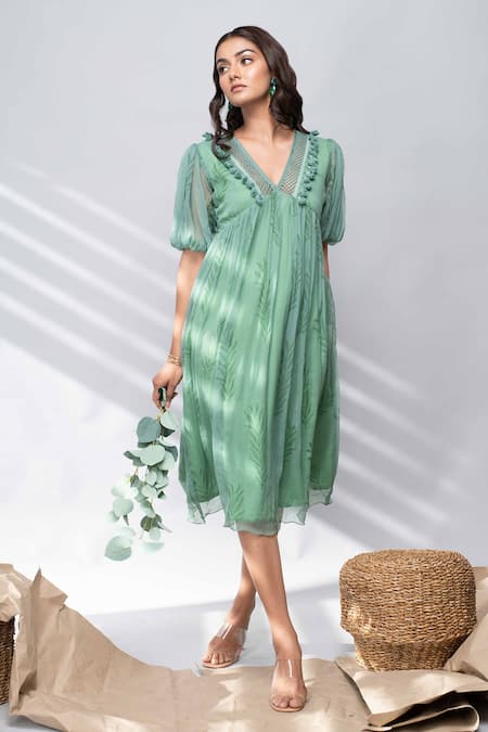 Buy Kalakaari By Sagarika Green Chiffon Leaf Motifs Square Neck Puff Sleeve Dress Online at Aza Fashions Buy_Kalakaari By Sagarika_Green Chiffon Leaf Motifs Square Neck Puff Sleeve Dress _Online_at_Aza_Fashions