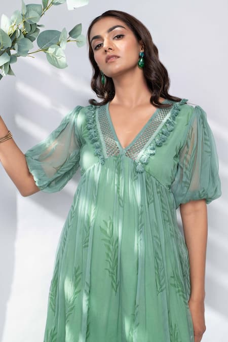 Shop Kalakaari By Sagarika Green Chiffon Leaf Motifs Square Neck Puff Sleeve Dress Online at Aza Fashions Shop_Kalakaari By Sagarika_Green Chiffon Leaf Motifs Square Neck Puff Sleeve Dress _Online_at_Aza_Fashions