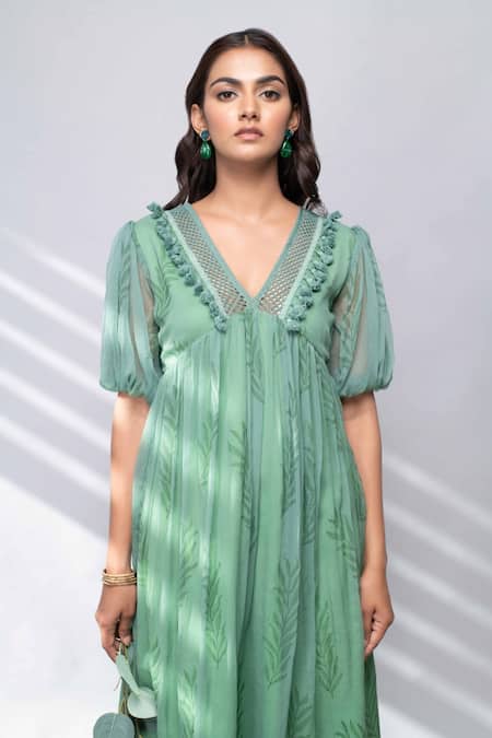 Kalakaari By Sagarika Green Chiffon Leaf Motifs Square Neck Puff Sleeve Dress at Aza Fashions Kalakaari By Sagarika_Green Chiffon Leaf Motifs Square Neck Puff Sleeve Dress _at_Aza_Fashions