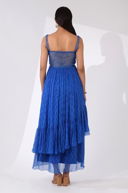 Shop_Kalakaari By Sagarika_Blue Crepe, Chiffon Floral Motifs Square Neck Print Layered Dress _at_Aza_Fashions