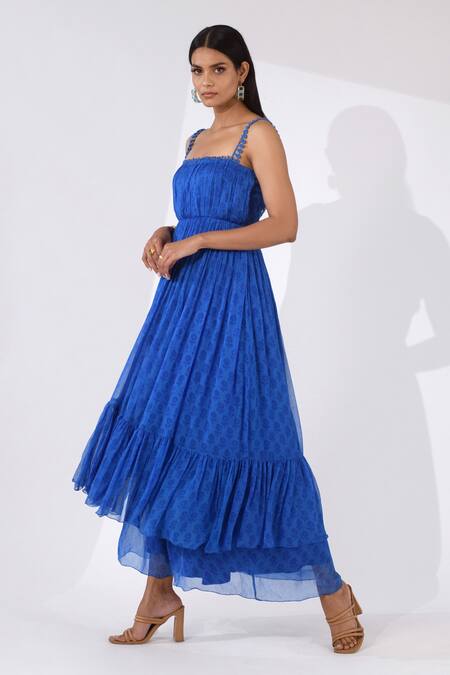 Buy_Kalakaari By Sagarika_Blue Crepe, Chiffon Floral Motifs Square Neck Print Layered Dress _Online_at_Aza_Fashions