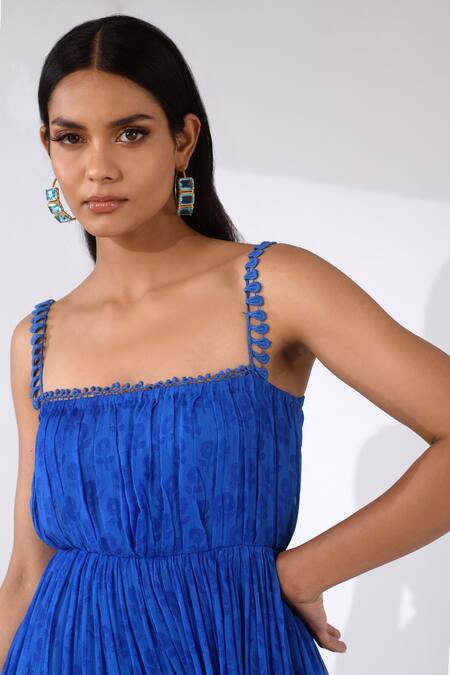 Kalakaari By Sagarika_Blue Crepe, Chiffon Floral Motifs Square Neck Print Layered Dress _at_Aza_Fashions