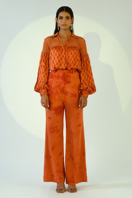 Buy_Kalakaari By Sagarika_Orange Cotton, Modal Silk Tie And Dye Band Collar Printed Shirt & Pant Set _Online_at_Aza_Fashions