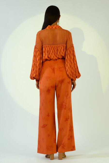 Shop_Kalakaari By Sagarika_Orange Cotton, Modal Silk Tie And Dye Band Collar Printed Shirt & Pant Set _at_Aza_Fashions