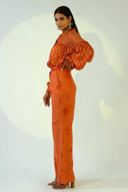 Kalakaari By Sagarika_Orange Cotton, Modal Silk Tie And Dye Band Collar Printed Shirt & Pant Set _Online_at_Aza_Fashions