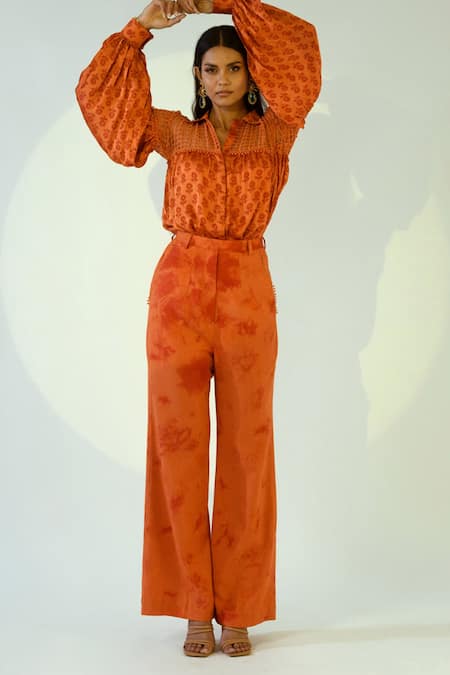 Kalakaari By Sagarika Orange Modal Silk Printed Tie And Dye Band Collar Shirt & Pant Set 