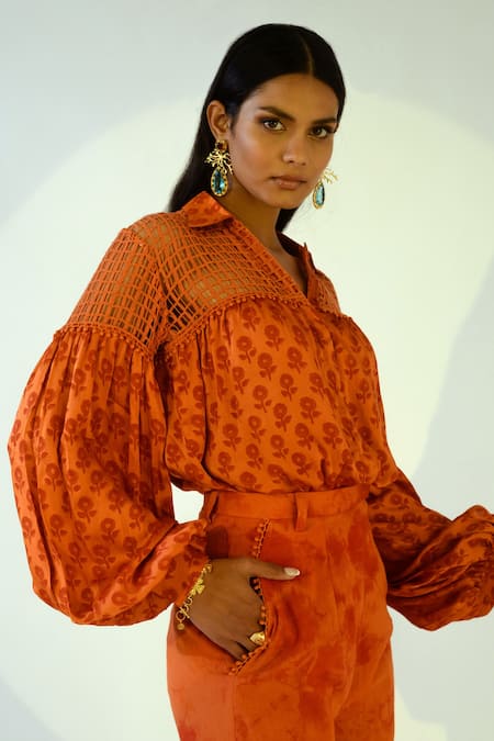 Shop_Kalakaari By Sagarika_Orange Cotton, Modal Silk Tie And Dye Band Collar Printed Shirt & Pant Set _Online_at_Aza_Fashions