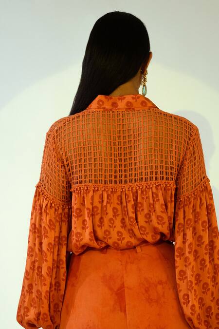 Kalakaari By Sagarika_Orange Cotton, Modal Silk Tie And Dye Band Collar Printed Shirt & Pant Set _at_Aza_Fashions