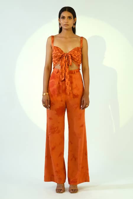 Kalakaari By Sagarika Orange Cotton, Crepe, Modal Silk Tie And Dye Shrug Open, Pant Set With Printed Online at Aza Fashions Kalakaari By Sagarika_Orange Cotton, Crepe, Modal Silk Tie And Dye Shrug Open, Pant Set With Printed_Online_at_Aza_Fashions