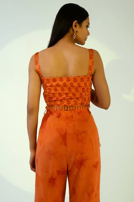 Shop Kalakaari By Sagarika Orange Cotton, Crepe, Modal Silk Tie And Dye Shrug Open, Pant Set With Printed Online at Aza Fashions Shop_Kalakaari By Sagarika_Orange Cotton, Crepe, Modal Silk Tie And Dye Shrug Open, Pant Set With Printed_Online_at_Aza_Fashions